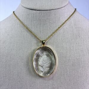 Vintage Clear Faceted Crystal Rose Pendant Chain Necklace Gold Tone 24" Flower